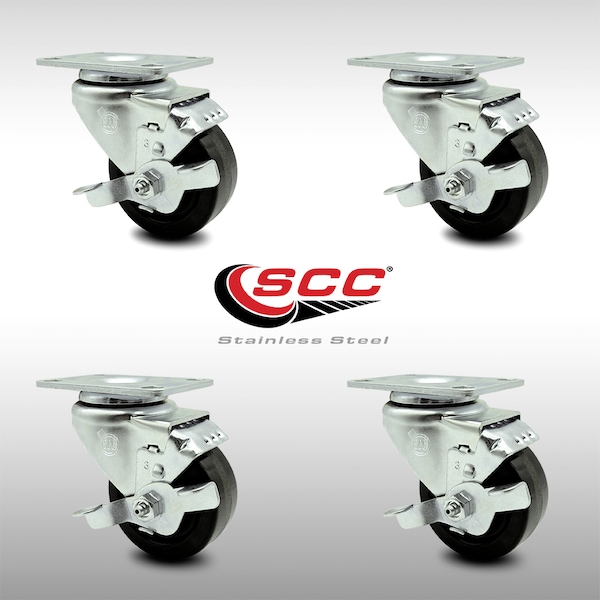 3 Inch SS Phenolic Swivel Top Plate Caster Set with Brake